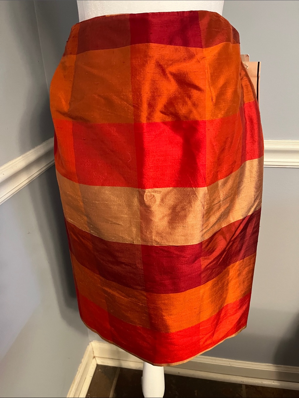 Spenser Jeremy Red and Orange Block-Check Silk Pencil Skirt